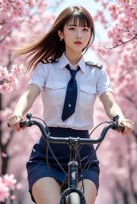 Sexy beautiful Japanese woman, a self defense officer uniform, wearing a white short-sleeved shirts, navy blue tie, navy blue pencil skirt, Black patent high heels, beautiful hip-line, Beautiful thighs, a woman ride on a bike, cherry blossoms fluttering ar...