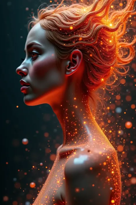   a young woman at the exact moment of the explosion  ,   Your body seems to break up into glowing fragments and waves of energy  .   explosion unfolded in a strong light  ,  with a fiery red hue
The red  ,  orange and
mixed with flickering
white and gold ...