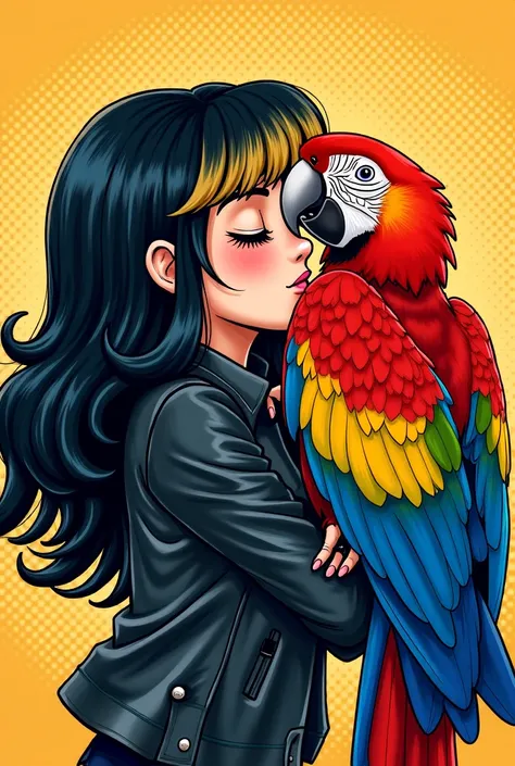 Draw me a comic style drawing of a girl with black hair and blond bangs with a leather jacket on, kissing a parrot with precious feathers .