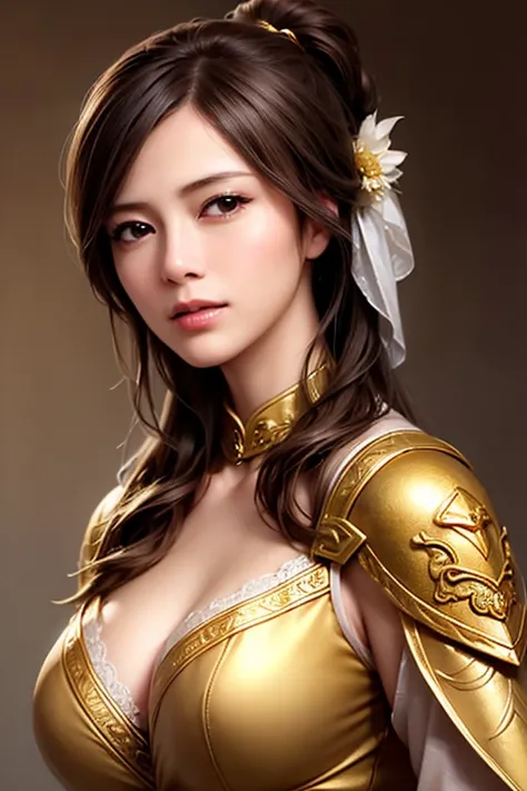 Close up of a woman wearing armor and a golden cloak,  reveal cleavage,1 person, cute ponytail ,Closeup of a woman wearing large breasts and creevage , Age 30, highly detailed face and skin textures, staring at the camera,  Chinese Warrior , perfect beauty...