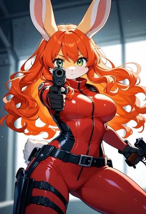 1girl, (furry, kemono:1.4), rabbit girl, animal nose, rabbit ears, weapon, gun, solo, handgun, dual wielding, bodysuit, holding, aiming at viewer, long hair, green eyes, belt, looking at viewer, orange hair, red hair, aiming, wavy hair, gloves, holding wea...