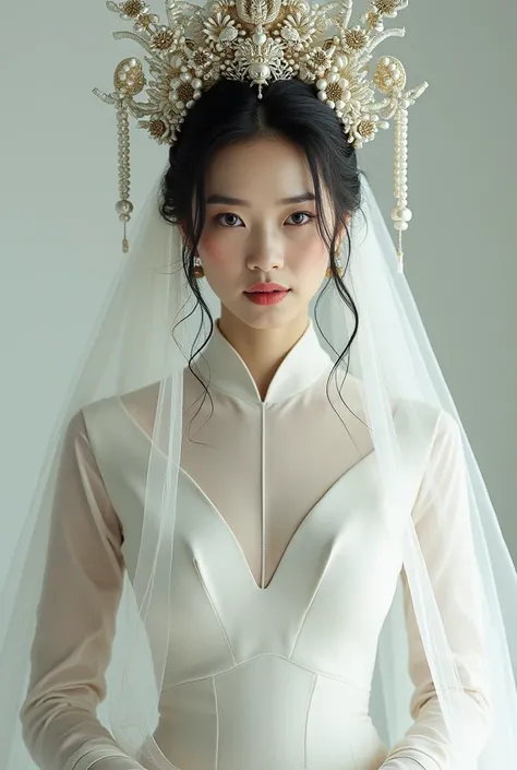  Asian bride with collected hair with vulgar makeup in a closed white dress with sleeves, carona on her head with a veil  