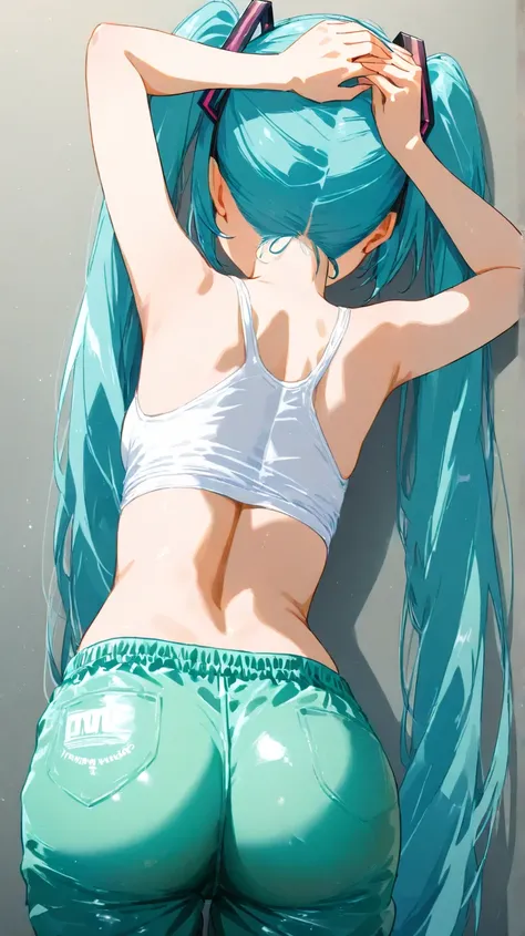  One Woman ,  Hatsune Miku, turn their backs, after shaving your armpits,Place your hands on your head。Tewo both twin tails are on the back、Ass,Rubber Pants,