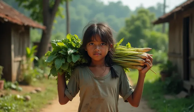 ((High-definition Indonesian movie style)) (((Strong color contrast))) ((Ultra-realistic))  
{A young Indonesian girl, around , with a sorrowful expression, her face streaked with tears:1.3}. She wears a {worn-out, faded T-shirt, slightly dirty:1.2}. She w...