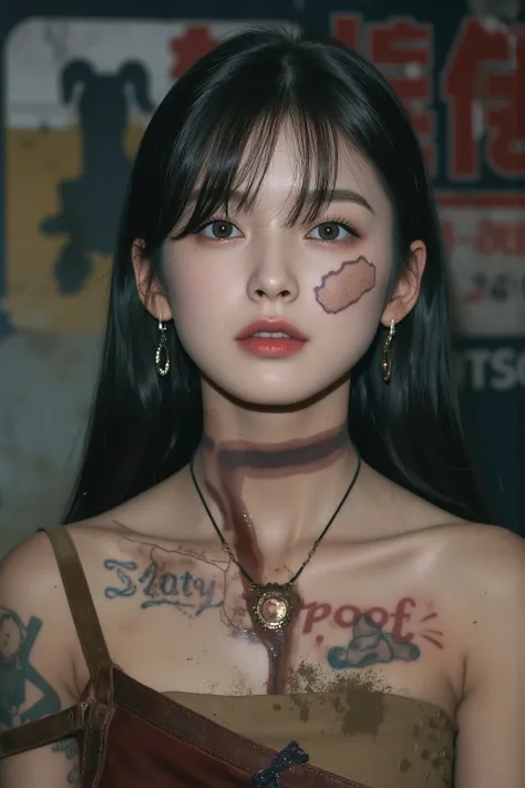 NSFW,
Film camera depiction,
Taken with a high-dispersion high-end lens,
Wide-angle lens,
Full-body shot,

at night,
A beautiful Korean girl is attracting customers at in the slums,
Her face has large burn scars,
((The burn scars have become ugly keloid sc...