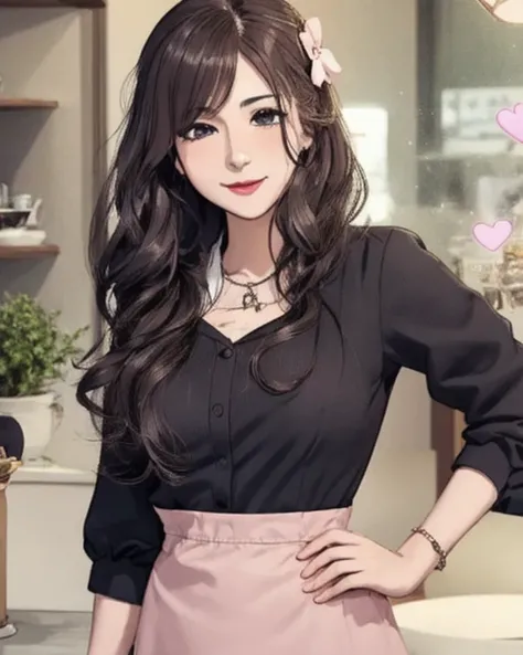  Anime Woman  (nationality:1.1)、(age:1.1) Late 30s 、( Detailsな服装:1.2)、( Accessories:1.1)、( facial features :1.3)、( Emoji:1.2)、(Body Type:1.1) charming、 adult woman、( pose :1.2) charming、 ( Detailsな髪:1.2)  dark brown hair 、(Wavy hair bundled at the back)、( ...