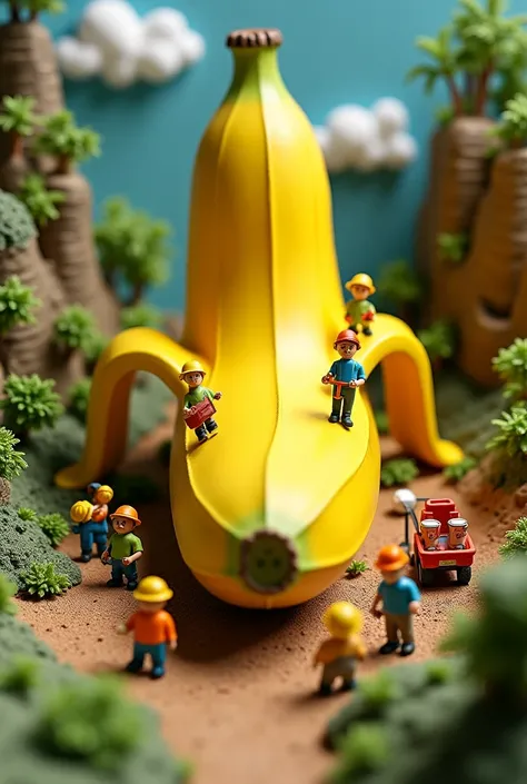 A banana as the central subject with workers around it in a diorama setting