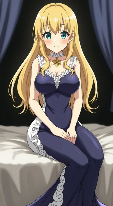 An adult woman has long blond hair , with blue-green eyes .  She wears a long, tight dark blue dress with an elegant design ,  a star-shaped accessory on the chest and a decorative collar with ruffles. her bust is big.  She is sitting on a bed with dark cu...