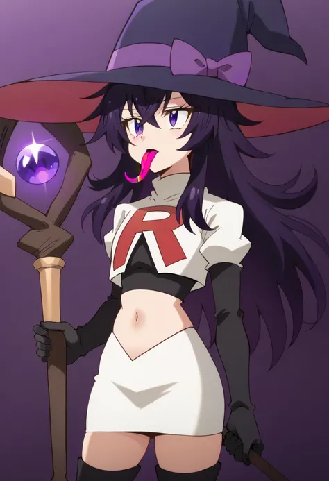 belano, long hair, purple hair, purple eyes, hair between eyes, 1girl, solo, ahoge, purple headwear,staff, hat bow, witch, purple bow, long tongue, team rocket,team rocket uniform,white skirt,red letter R,crop top,black thigh-highs,black elbow gloves, scor...