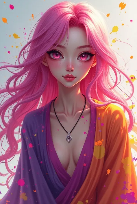 A hyper-realistic splash art of a taiwanese female fantasy character with vibrant neon hues. The character has long, wavy pink hair and wears a flowing, patterned garment in shades of purple, orange, and yellow. She has large, expressive eyes and wears a n...