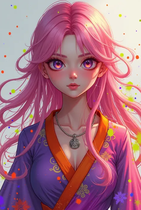 A hyper-realistic splash art of a taiwanese female fantasy character with vibrant neon hues. The character has long, wavy pink hair and wears a flowing, patterned garment in shades of purple, orange, and yellow. She has large, expressive eyes and wears a n...