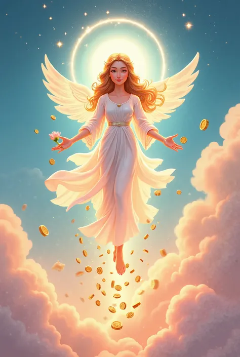 Image 9:16 A female god holding a lotus flower in the sky, smiling, and scattering many gold silver coins, piled down to the people below. The sky is a beautiful circle of stars, cartoon, pastel colors.