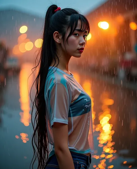 Beautiful Asian girl standing  ,ผมดำ,  Very Long Hair , Extra-long hair 2m , His long flowing hair , My hair is spread out,Hair floated in the wind , rain, Wet in the rain, rainตกหนักมาก, In a set of colorful transparent home t-shirts, With a graphic print...