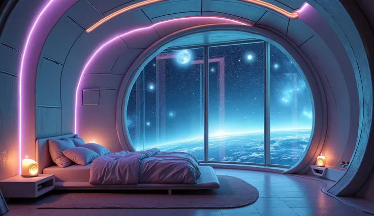 A double-height ceiling spaceship bedroom with smooth, rounded walls in metallic teal and soft glowing purple accents, featuring a large, floor-to-ceiling window offering an unobstructed view on one side of the luxurious penthouse suite, glass enclosure. T...