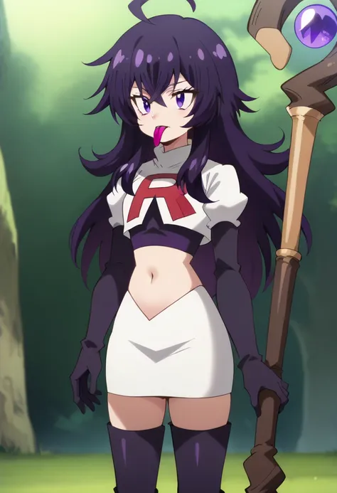 belano, long hair, purple hair, purple eyes, hair between eyes, 1girl, solo, ahoge, purple headwear,staff, hat bow, witch, purple bow, long tongue, team rocket,team rocket uniform,white skirt,red letter R,crop top,black thigh-highs,black elbow gloves, scor...