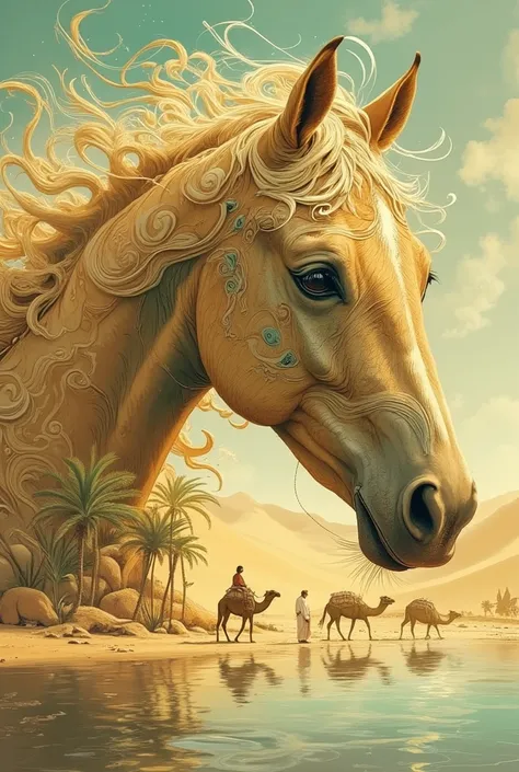 A digital painting in a highly stylized, surreal style, depicting the head and neck of a light brown Arabian horse. The horse's coat is rendered with swirling, flowing lines and textures, creating a sense of movement and depth. The color palette is warm an...