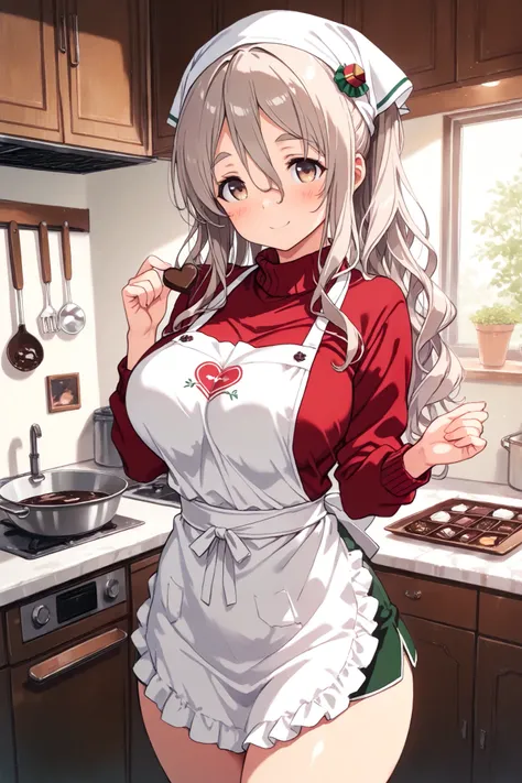  curvy,narrow waist,,masterpiece,best quality,amazing quality,score_9, score_8_ up, score_7_ up, score_6_ up, score_5_ up, score_4_ up, curvy,pola（kancolle）,,apron,valentine,kitchen,chocolate,alternative hair style,white headscarf,smile