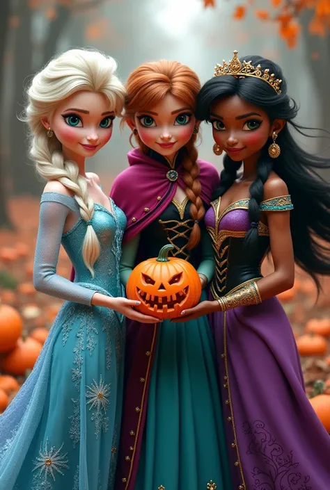 ((Three girls)),(princess Elsa long braided white hair),(princess Anna ponytails brown hair), (Princess Jasmine long flowing black hair), all dressed in Halloween outfits