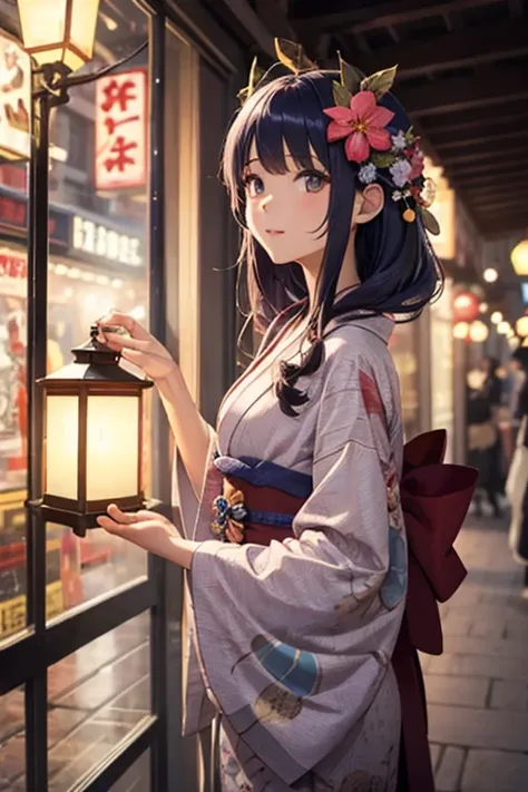  old style、Entertainment district、Lantern、 1 girl,  Gorgeous Kimono 、 Brilliant Hair Ornaments 、look up,  with a flower on the head,  anime style, chest, 