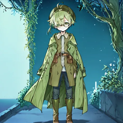 (boy), green ivy hair, green eyes, short cut, side part, ahoge, hair over one eye, thin eyebrows, young, expressionless, alone, short, Shota, solo, outside, at night, Thin, coat, pants, mild smile, glasses, waist pouch, long boots, cap