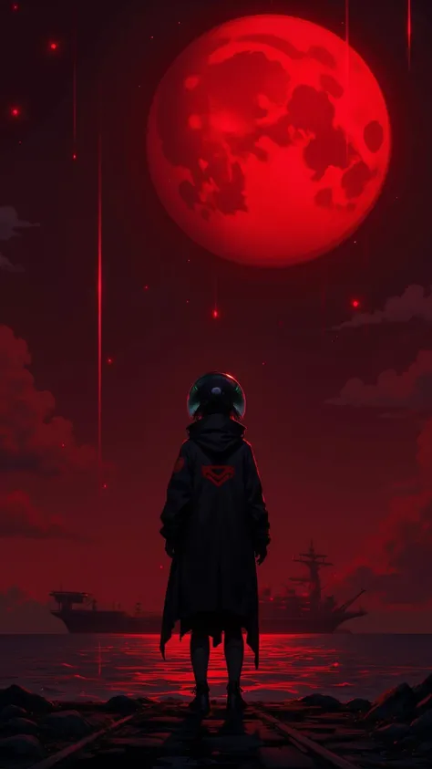 On the deck of the aircraft carrier stands Aya，She is wrapped in a black coat with red patches。Her figure is in sharp contrast to the scarlet sky，The meteors in the sky are like the tears of the world。The red moon is reflected on the sea，Lonely and cold。Ev...