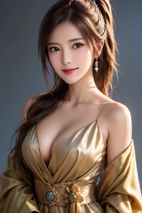 Close up of the upper body of a woman wearing golden armor and a golden cloak:1.4,  reveal cleavage,1 person, cute ponytail ,Closeup of a woman wearing large breasts and creevage , Age 30, highly detailed face and skin textures, staring at the camera,  Chi...