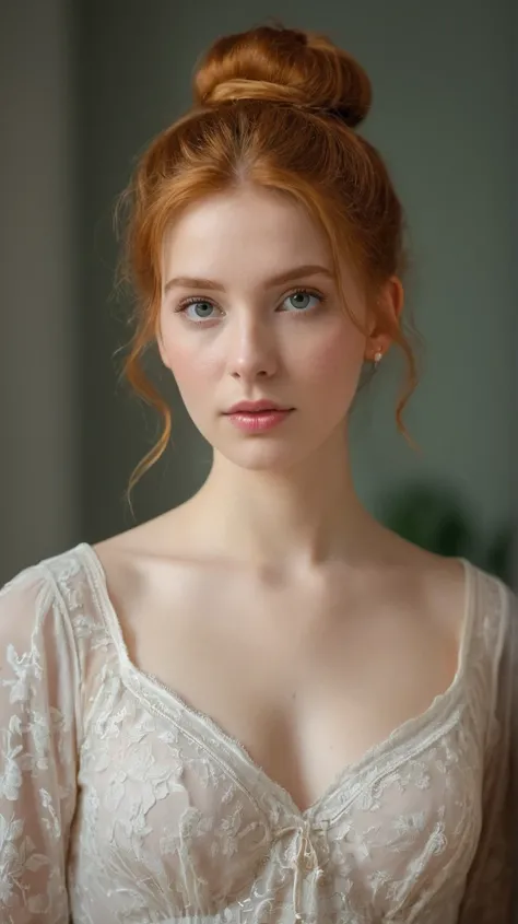  meilleure qualité, photoréalisme. éclairage naturel. dans l&#39;arrière-cour.  photo amateur . Jeune fille adolescente maigre.  Redhead bun hairstyle . Belles lèvres, grands yeux clair. long nez. peau à tendance acnéique. Corps mince et beau non développé...