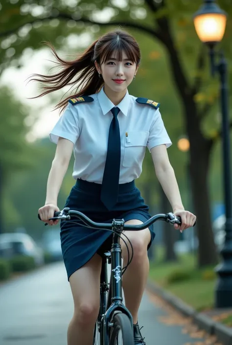 Sexy beautiful Japanese woman, a self defense officer uniform, wearing a white short-sleeved shirts, navy blue tie, navy blue pencil skirt, Black patent high heels, beautiful hip-line, Beautiful thighs, ((woma riding a bicycle through lakeside park), RAW s...