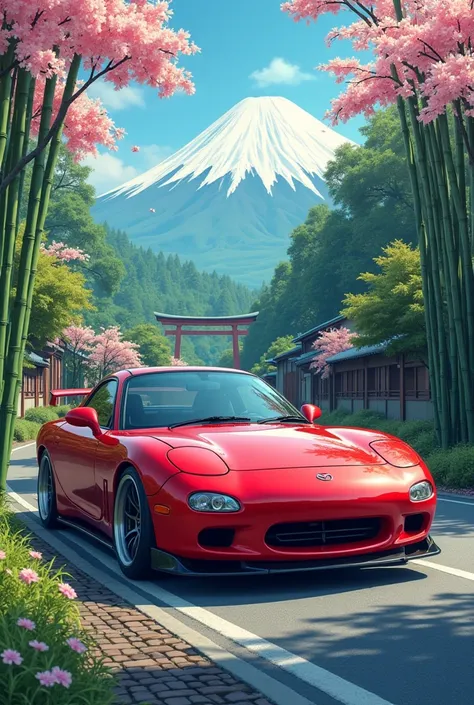 Create an picture of mazda rx7 in the natural areas of japan and make it look like animated or art style 