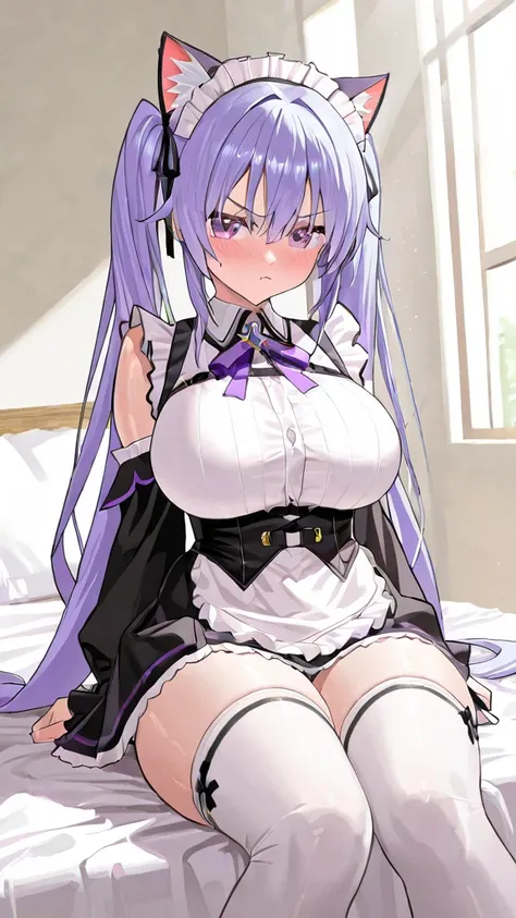  girl、 purple twin tails、Stylish model body、 big breasts 、thick thighs、Clothes are  and plain clothes、 knee-high socks、The background is sitting on a bed、 tsundere、White cat ears、 superior