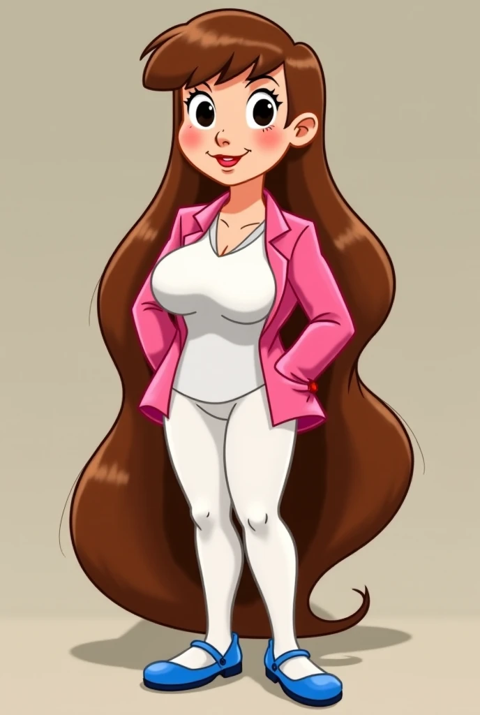 Dora Winifred Read from the cartoon Arthur in giantess age version with extremely long light brown hair that reaches below her knees, enormous breasts of F cup size, round ears on her head, black eyes, she wears a white shirt under a pink jacket, white tig...