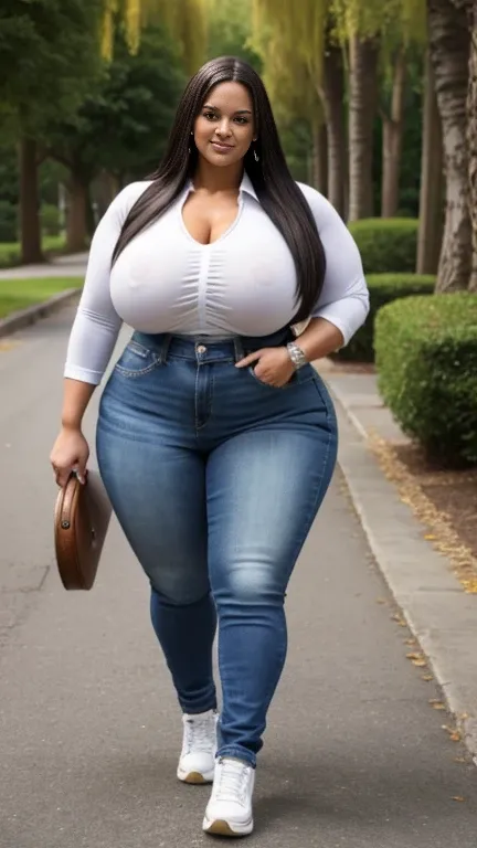 Photo from head to toe ,  full body view,  ussBBW very curvy very muscular,sporty, 44 years wide hips, goddess , jeans,  open white shirt, Gummistiefel,  devot , significant tanning streaks, On the willow  , fullbodyshot,