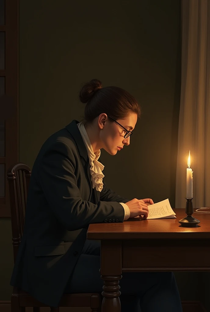 The Letter from Amelia

Dobbin holds a letter from Amelia, reading it carefully in his small military quarters. The letter is warm but distant—she sees him as a friend, unaware of his true feelings. A candle burns beside him, casting shadows on the simple ...