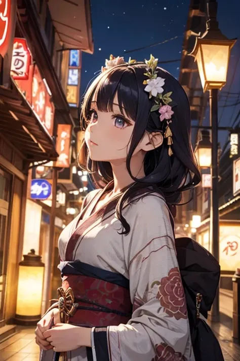  old style、Entertainment district、Lantern、 1 girl, long ornate kimono、Brilliant Hairstyle 、look up,  anime style,  Hi-Res,  anatomically correct, night