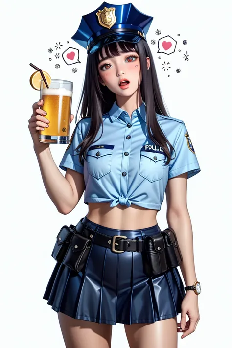   ((1 beautiful Japanese woman :2.0)),( Supermodel Body:1.2),(Drunk_Hiccups hic hic:1.3),real skin ,small breasts,Black long hair, Super Detailed Black Eyes,( beautiful face:1.5),( Black Leather Police Belt w/ Pouch:1.3),(short sleeve police shirt :1.5),(U...