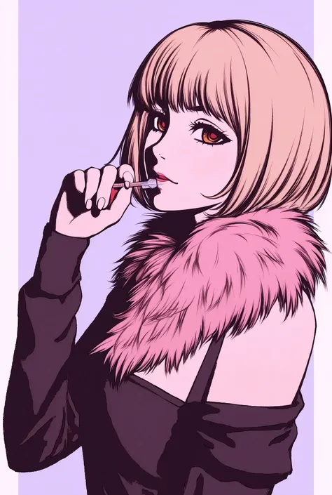 This image is a digital drawing in an anime style, featuring a young woman with a striking appearance. She has a fair complexion and shoulder-length, straight, blonde hair with a slight wave. Her hair is styled to frame her face, which has large, expressiv...