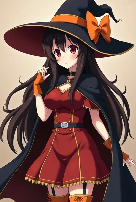 megumin from anime Konosuba in adult version she has very long dark brown hair that reaches her knees, crimson eyes, enormous breasts size F cup she wears a classic witch outfit, consisting of a black cape, a red dress , orange boots and a black wizard's h...