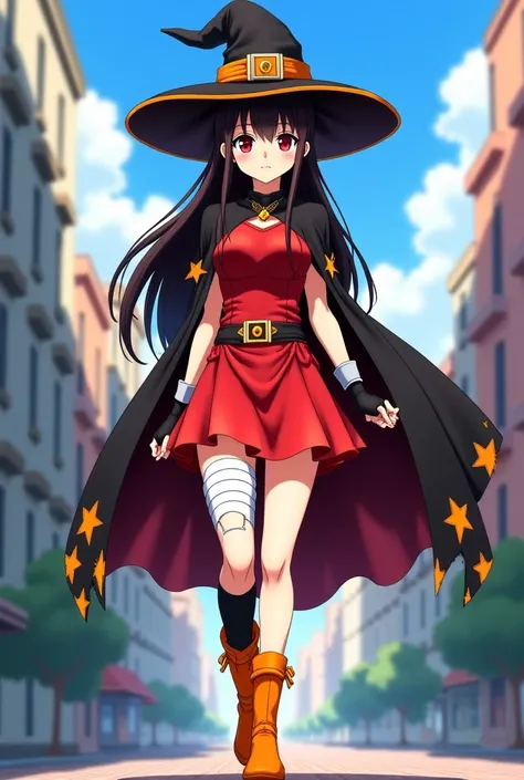 megumin from anime Konosuba in a giant version who walks in the middle of the city; she has very long dark brown hair that reaches her knees, crimson eyes, a huge chest she wears a classic witch outfit, consisting of a black cape, a red dress, orange boots...