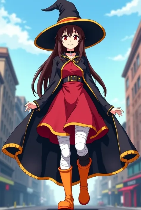 megumin from anime Konosuba in a giant version who walks in the middle of the city; she has very long dark brown hair that reaches her knees, crimson eyes, a huge chest she wears a classic witch outfit, consisting of a black cape, a red dress, orange boots...