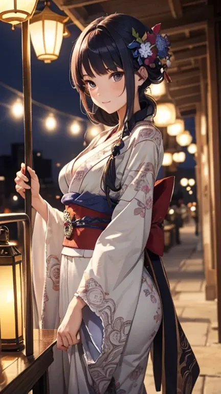  old style、Entertainment district、Lantern、 1 girl, long ornate kimono、Brilliant Hairstyle 、 anime style,  Hi-Res,  anatomically correct,  Masterpiece, Overlooking, 