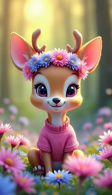 cute happy flobblecranium  adorable  pastel color smile tiny cute flobblecranium deer  sitting with colorful aster  flower crown and wearing a   pink jersy  in the forest hloding colourful flowers,blue and purple,pink,white aster flowers only