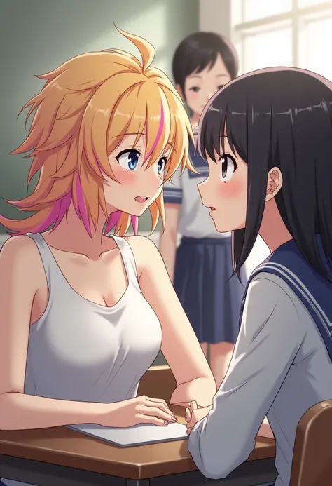 Anime-style, close-up shot. Fujihara Yoka and Misaki are sitting together at a two-person desk in a classroom. Yoka wears a white tank top, contrasting with the standard school uniform. Her slightly tousled blonde hair with pink streaks falls naturally, wi...