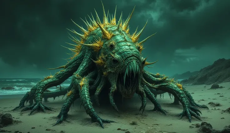 A marine humanoid creature. emerald scales. yellow fins and elements. The head is in the form of an anglerfish. The growths on the head resemble a crown. It is located on a dark green coast. Sand. storm. The monster crawls on all fours. horror