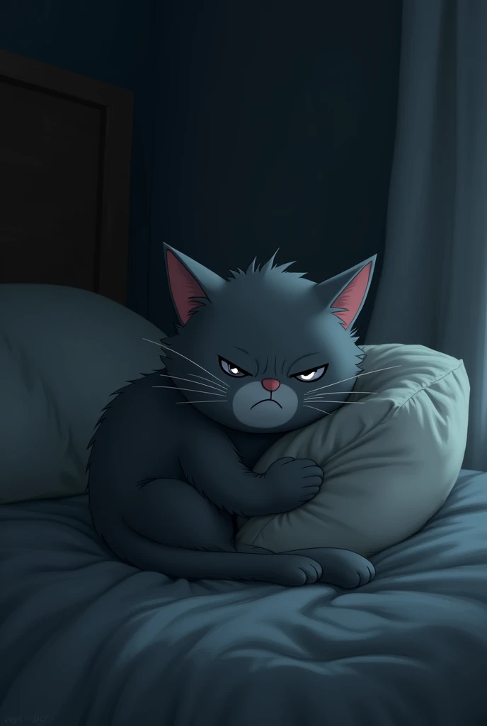 A grey cat crying with holding a side pillow on the bed in a dark room.