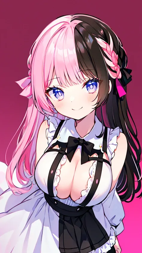 (8k、 Highest Quality、 top quality、 masterpiece)、 detailed face、 in the seat、 that improves white space 、 TachibanaHinano、 long hair、(( split color hair ,  black hair,  pink hair:1.3))、 French Braid、 Light Blue Eyes、smile、 big breast、((White frilly dress))、...