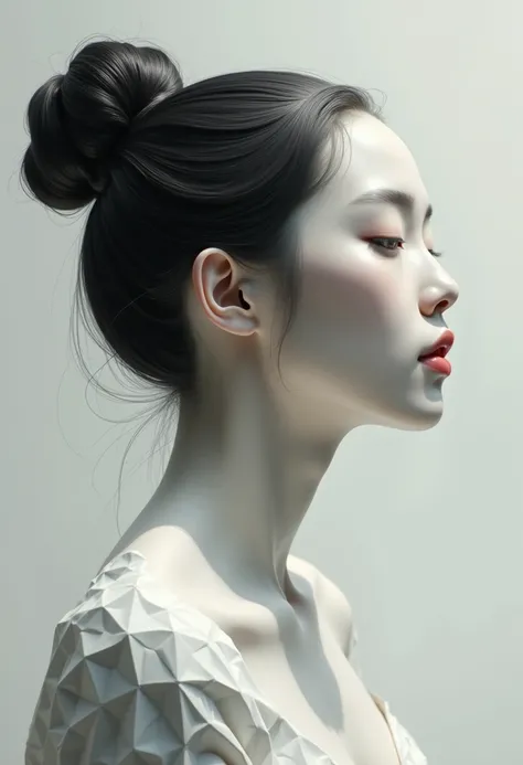 Hyperrealistic digital painting in the style of Craig Mullins and Maciej Kuciara, abstract study of a Korean woman, dramatic contrast of black and white, flowing organic curves meet geometric patterns, side profile pose, hair in elegant bun, sculptural app...