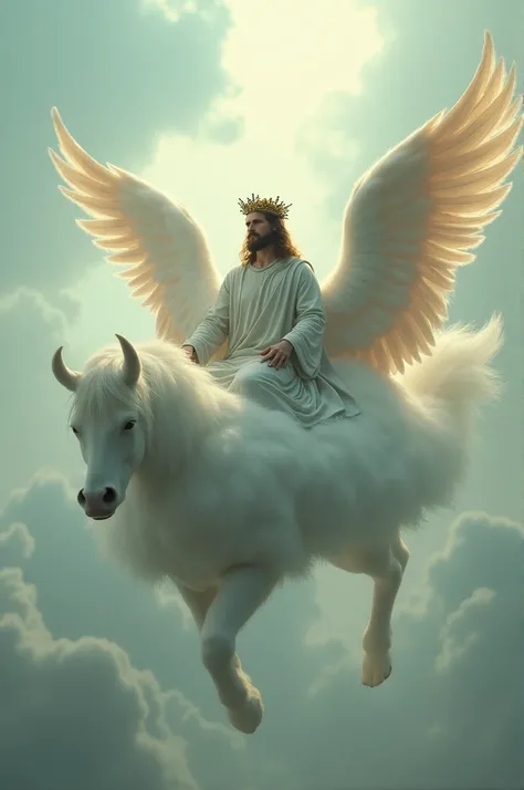 A white cloud in the shape of a Jewish carriage with wings ,  with a faceless king Jesus with a crown of thorns riding it