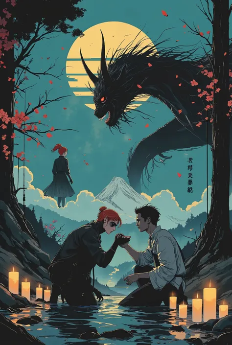 Beautiful Japanese demon Oni, with touches of Ukiyo-e style and watercolor, cherry leaves in the background , you can see part of Mount Fuji . Demon Oni , in the midst of wind , ukiyo-e landscape and watercolor . A young Caucasian European man kneeling an...