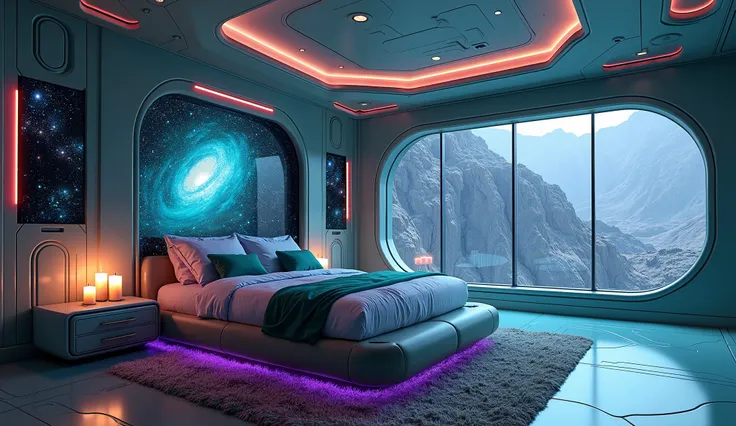 A double-height ceiling spaceship bedroom with smooth, rounded walls in metallic teal and soft glowing purple accents, featuring a large, wide floor-to-ceiling window offering an unobstructed view of a galaxy on one side of the luxurious penthouse suite, g...