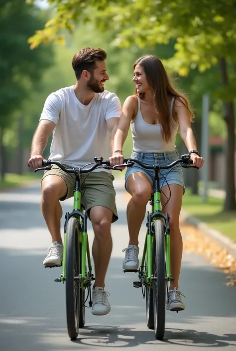  A realistic image of a couple of young people in their 20s on a green men's bicycle.  He is driving and she is sitting on the bicycle handle . Both wearing casual summer clothing .  Daytime environment on a quiet street in a suburban neighborhood .  High ...